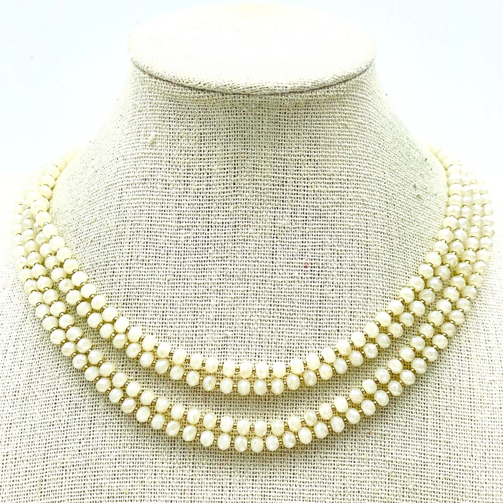 Signed Loft Statement Necklace Long Double Strand Faux Pearl Gold Tone